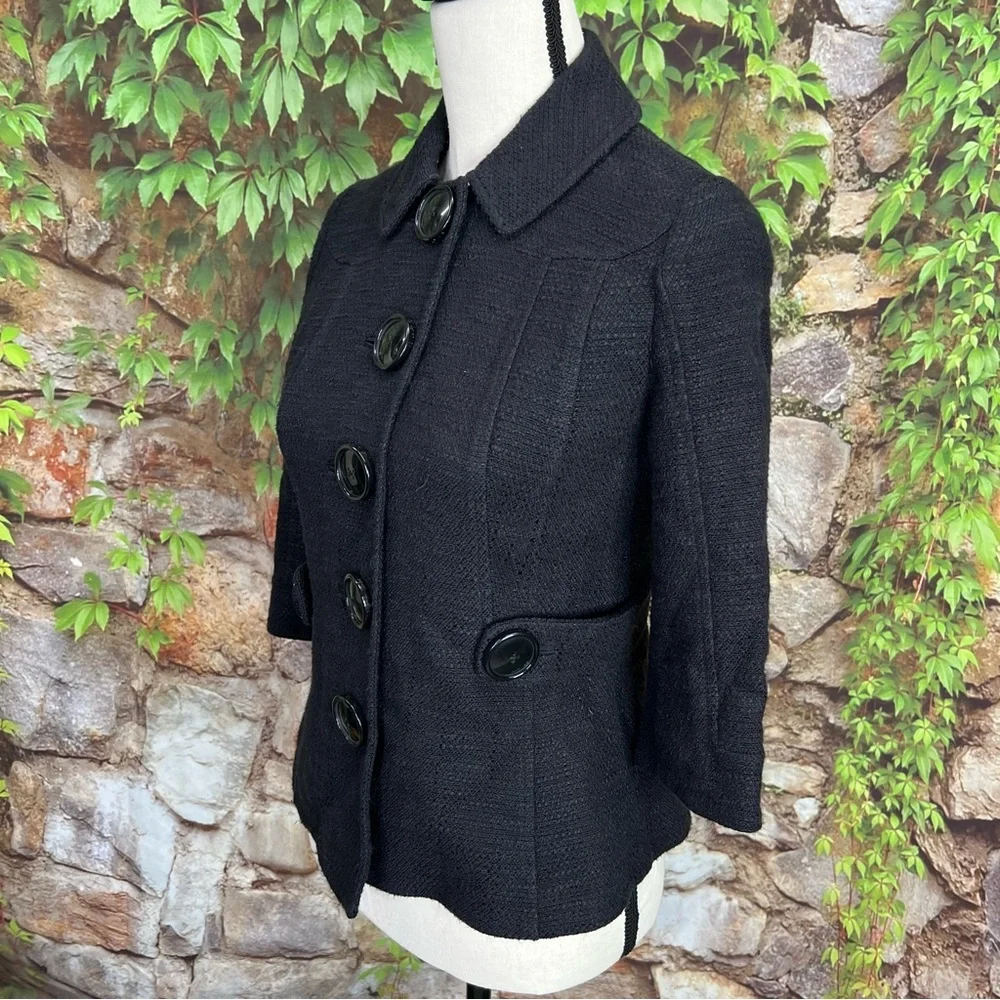 TORY BURCH Minimalist Black Button Front 3/4 Sleeve Estella Tweed Jacket, 0